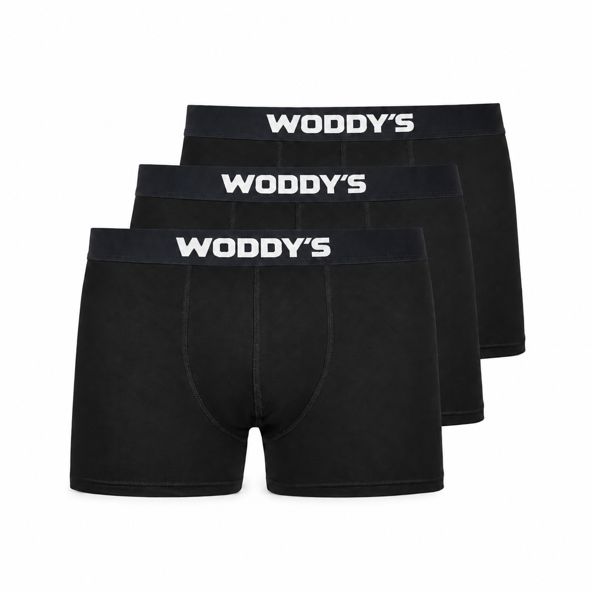 Drei schwarze WODDY’S-Boxershorts mit kurzem Bein in der ursprünglichen Packansicht.