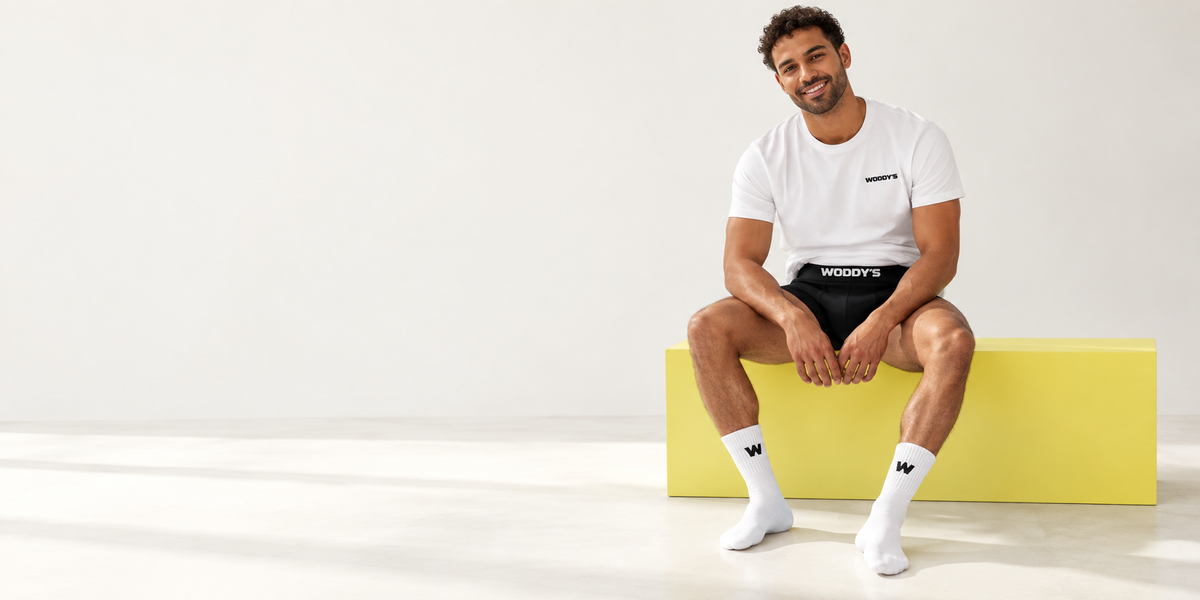 Lächelndes Model in weißem T-Shirt und schwarzen WODDY’S-Boxershorts auf einer gelben Sitzbank.