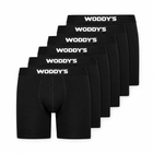 Sechs schwarze WODDY’S-Boxershorts mit langem Bein in der ursprünglichen Packansicht.