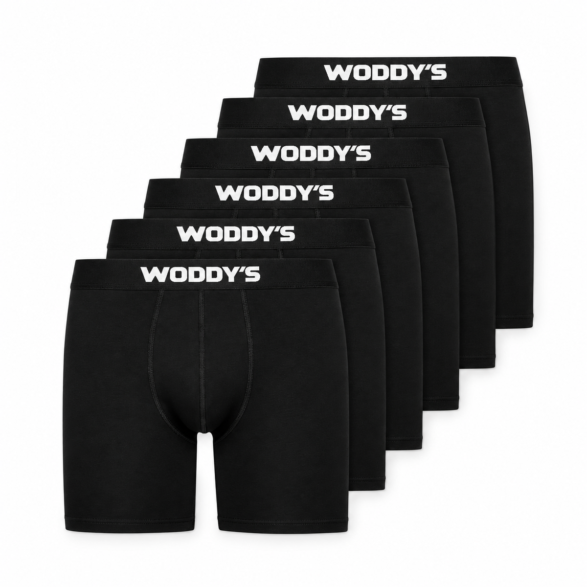 Sechs schwarze WODDY’S-Boxershorts mit langem Bein in der ursprünglichen Packansicht.