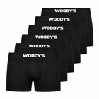 Sechs schwarze WODDY’S-Boxershorts mit kurzem Bein in der ursprünglichen Packansicht.