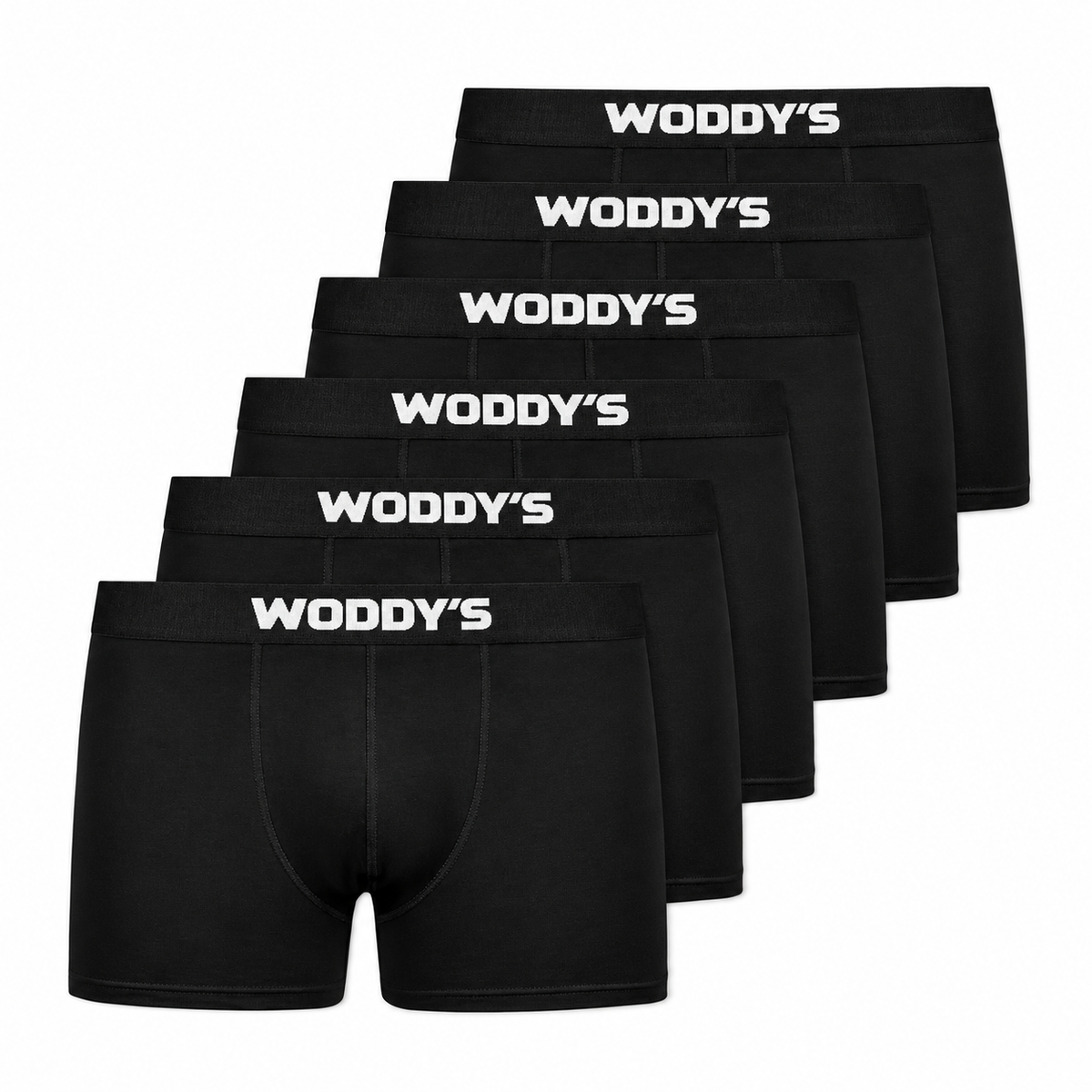 Sechs schwarze WODDY’S-Boxershorts mit kurzem Bein in der ursprünglichen Packansicht.