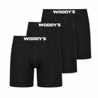 Drei schwarze WODDY’S-Boxershorts mit langem Bein in der ursprünglichen Packansicht.