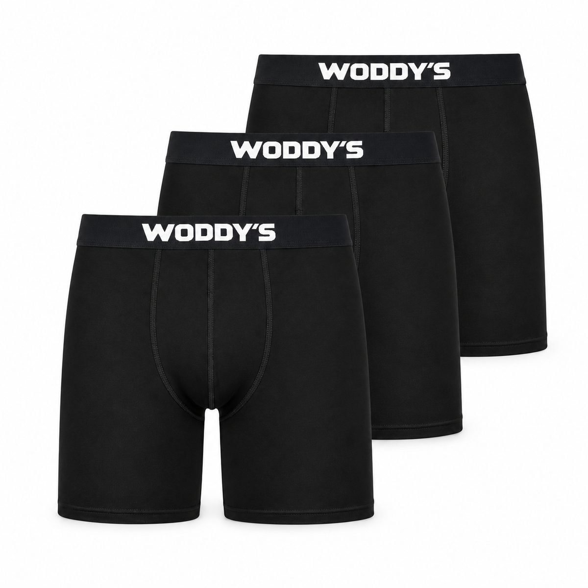 Drei schwarze WODDY’S-Boxershorts mit langem Bein in der ursprünglichen Packansicht.