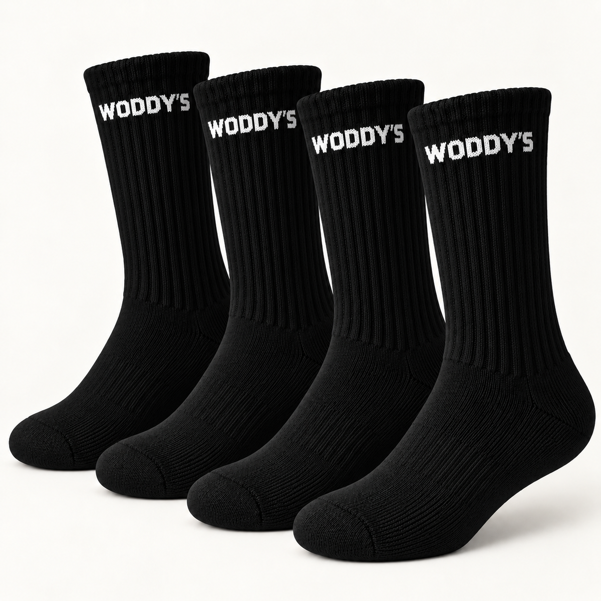 WODDY’S Tennissocken in Schwarz mit WODDY’S-Schriftzug – Produktmotiv zum 4er-Pack