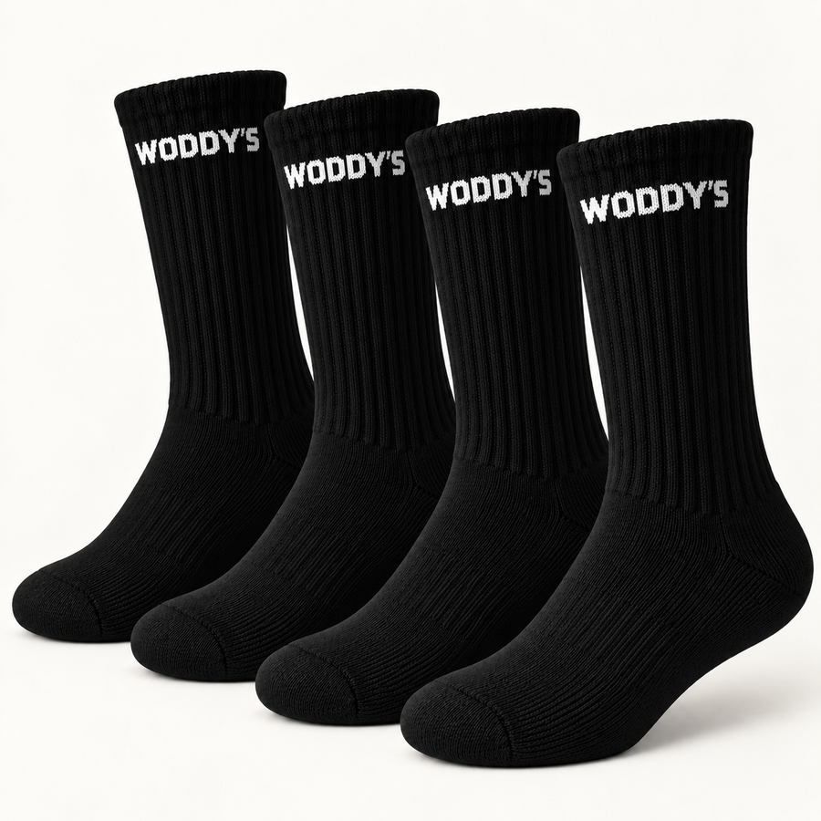 WODDY’S Tennissocken in Schwarz mit WODDY’S-Schriftzug – Produktmotiv zum 4er-Pack
