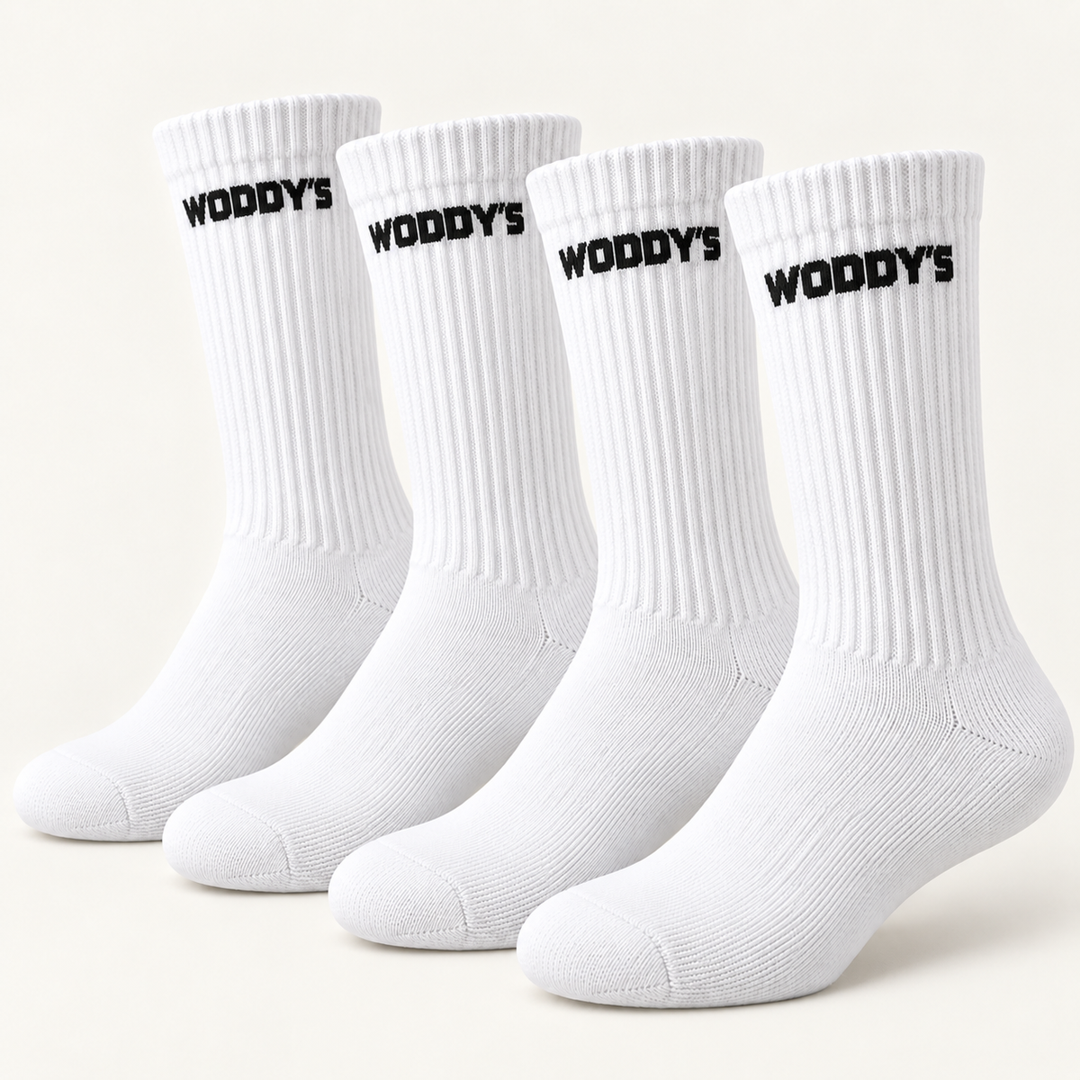 WODDY’S Tennissocken in Weiß mit WODDY’S-Schriftzug – Produktmotiv zum 4er-Pack